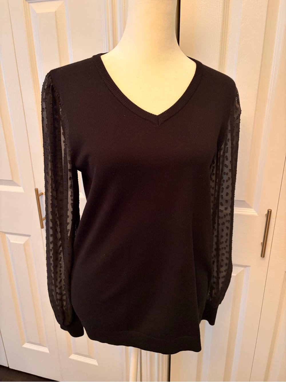 Adrianna Papell Black V-Neck Sweater with Sheer Dotted Sleeves